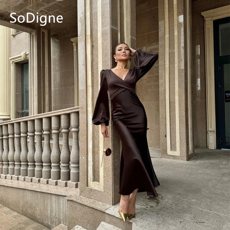 

SoDigne Full Sleeve satin Prom Dresses Mermaid V-Neck pleat Ankle-Length Pleat Party Dress Charming Cocktail Gowns Customized