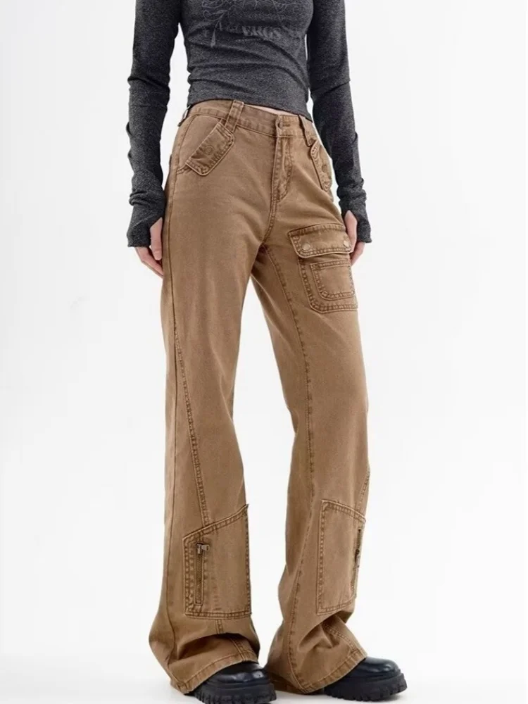 2024 Cyber Y2K Streetwear Cerniera Khaki Slim Jeans svasati Pantaloni cargo per le donne Vestiti Multi tasche Casual Lady Pantaloni lunghi