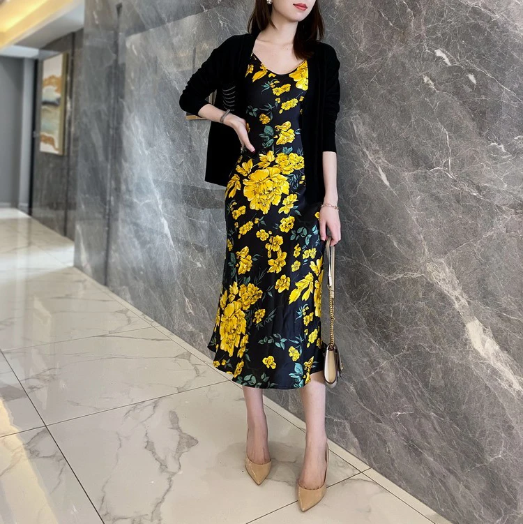 Zijden lange omslag Dr Dames Levendige print Afslankende taille Ontwerp Trendy Street Sle V-Ne Svel Casual Fi Tail-jurk