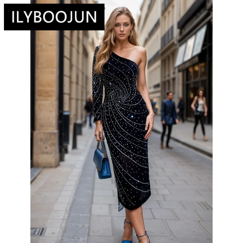 

ILYBOOJUN Solid Sexy Patchwork Diamonds Dress For Women Diagonal Collar One Shoulder Tunic Slimming Dresses Female Fashion