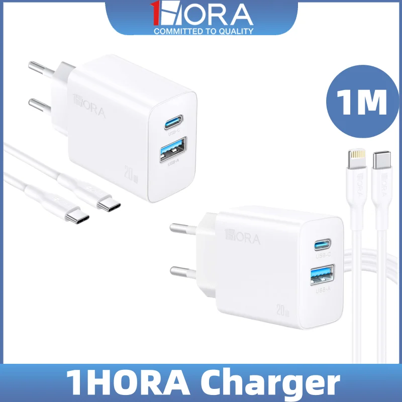 

1HORA Charger 20W Dual Port EU plug Charger USB Type C PD Fast Charging Short Circuit Overcurrent Protection for iPhone Android