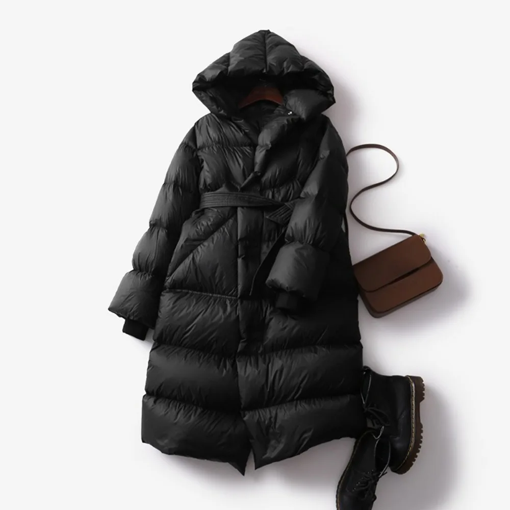 New Puffer Jacket White Duck Down Winter Solid Thick Warm Female Sashes Tie Up Over Women The Knee Coat Fashion Oversize Hooded