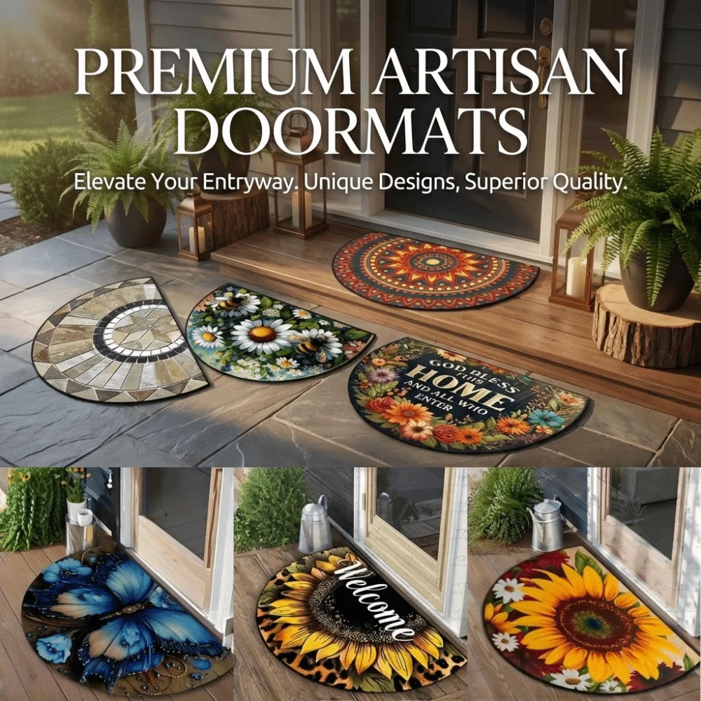 Durable Non Slip Half Round Doormat Absorbent Boho Doorway Welcome Rugs Flower Floral Washable Entrance Door Carpet Indoor
