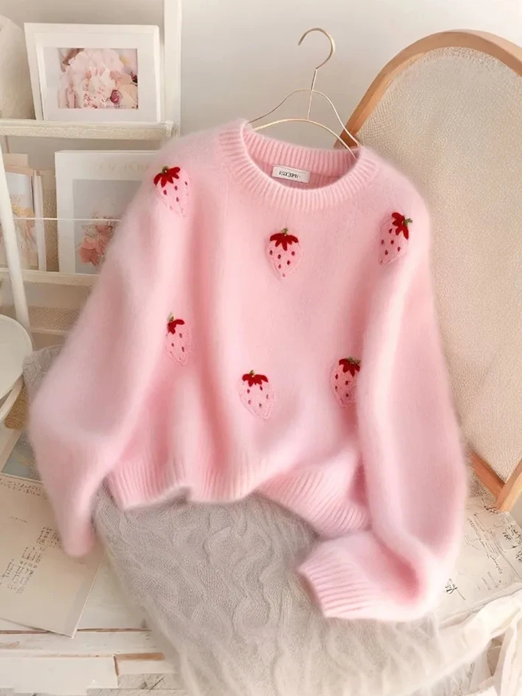 Zoki Fashion Strawberry Pink Sweaters Women Sweet Preppy Style Knitted Jumpers Top Korean Cute Long Sleeve Fall Elegant Pullover