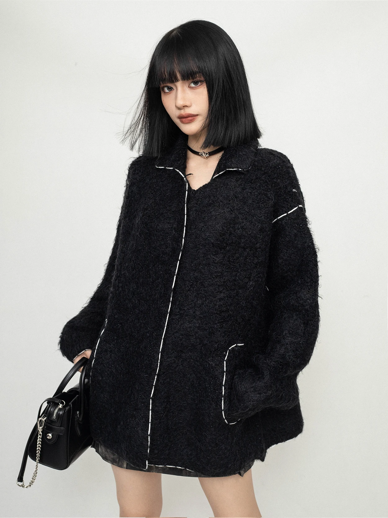 

ZEROSTORE Autumn Winter Warm Heavy Lazy Turn Collar Stitched Knitted Zipper Sweater Cardigan Outerwear Women's Faion