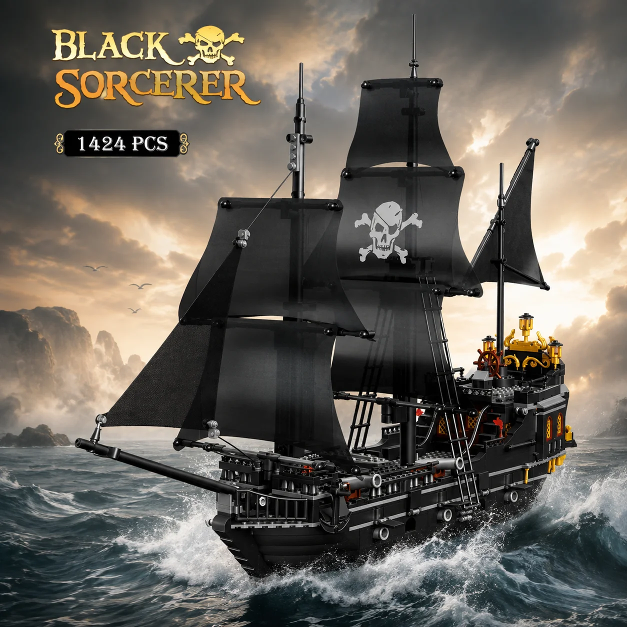 Schwarzes Piratenschiff Bauklötze Skelett-Geisterboot Montage Mikro-Bausteine Lernspielzeug Modell Desktop-Ornamente Geschenke