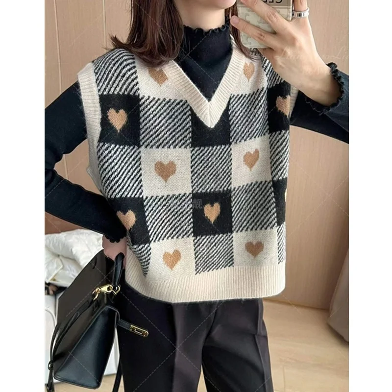 

Women's Knitted Vest Heart Plaid Soft V-ne ort H-pe Loose Top Chic Layering Fall Faion Commute Sle No Brand