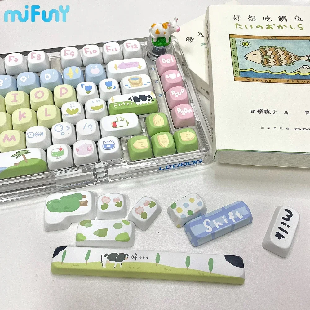 Niuniu Yeye Keycap Personalized Cute Cow Anime Keycaps MOA/SOA PBT Full Set Kawaii Key Cap Ergonomical for Mechanical Keyboards