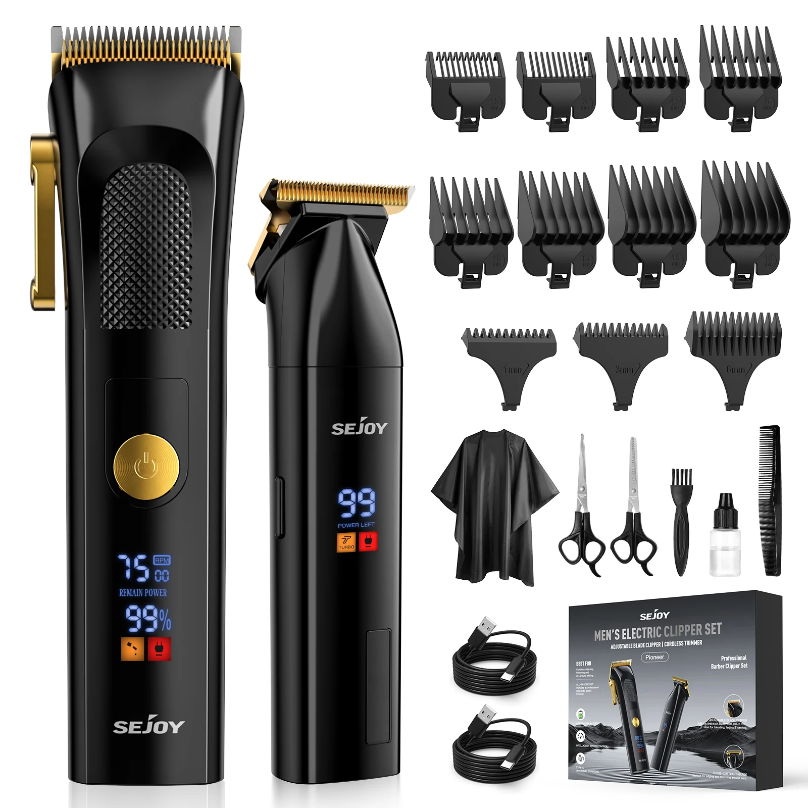 Sejoy Professional Combo Kits For Men Adjustable Speeds Hair Clipper Rechargeable Electric Hair Trimmer Set for Barber