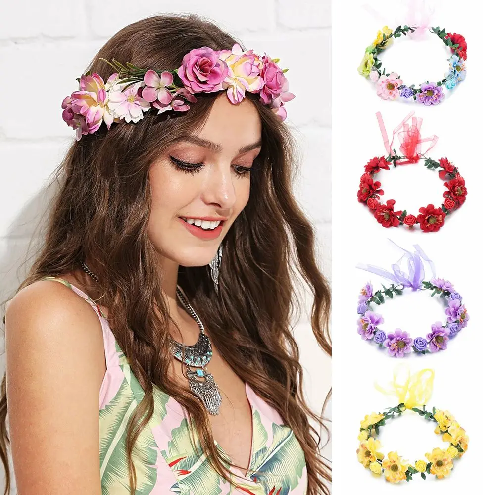 Fashion Bohemia Garland Rose Flower Crown Women Headbands with Adjustable Ribbon Girls Floral Wreath Bridal Halo Headpiece