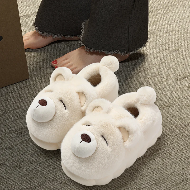 Warm Winter Women Men Plush Thick Platform Cartoon 3D Bear Fur Cotton Slippers Outdoor Home Slip On Girls Ladies Shoes