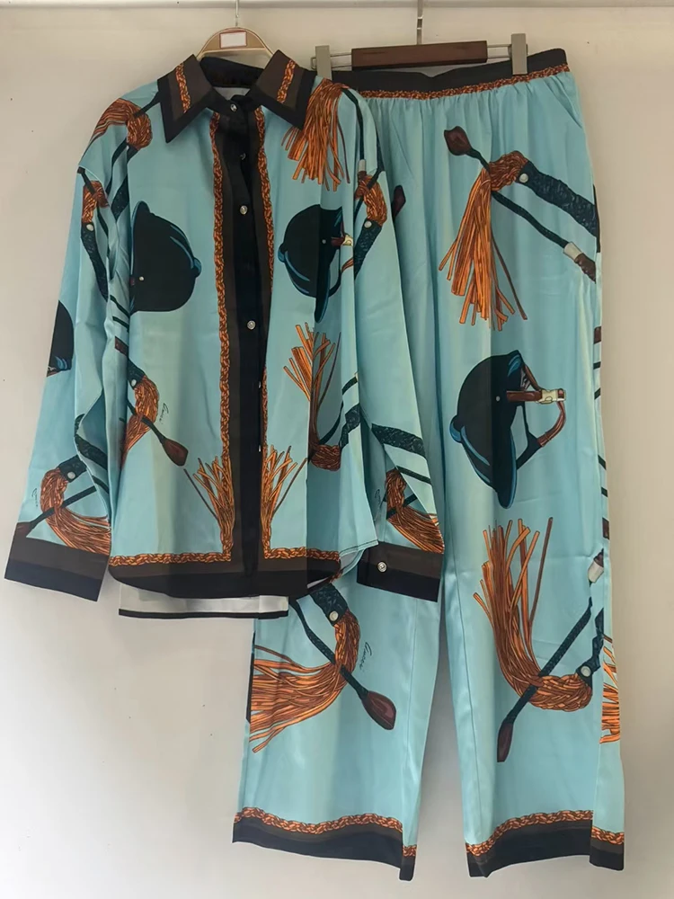 レトロ幾何学模様プリントストレートレッグ長袖シャツとルーズワイドレッグパンツのツーピースセット、秋のレディースファッション