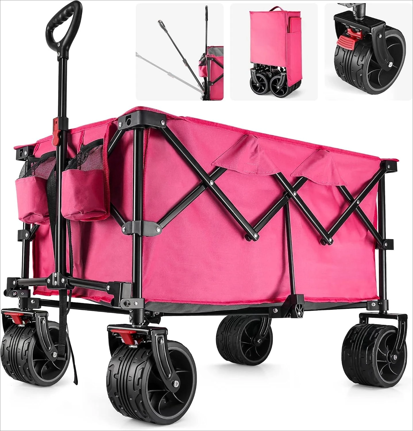 Pink Heavy-Duty Collapsible All-Terrain Utility Wagon, Enlarged 225 lb Load Capacity, Foldable Garden Cart with Large Wheels, Built-In 2 Cup Holders & Parking Brake