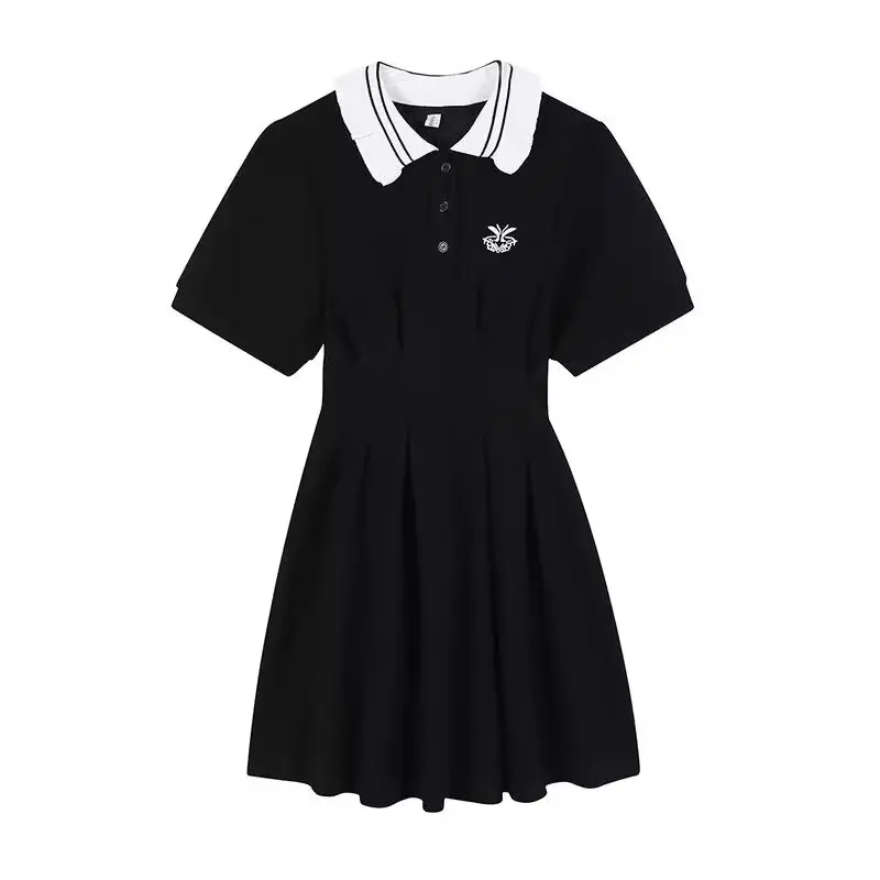 Preppy Stijl Kleding Frans Polo T-Shirt Zomer Mode Jurken 2024 Casual Borduurwerk Letter Effen Mini Kawaii Jurk Vrouwen