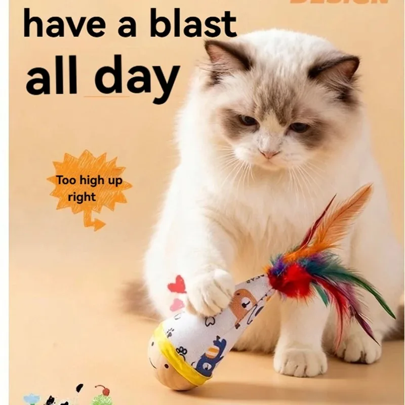 Interactive Cat Feather Wobble Toy, Cute Cartoon Teasing Toy for Kittens, Fun Indoor Cat Swinging Chew Toy Cat Dog Accessories