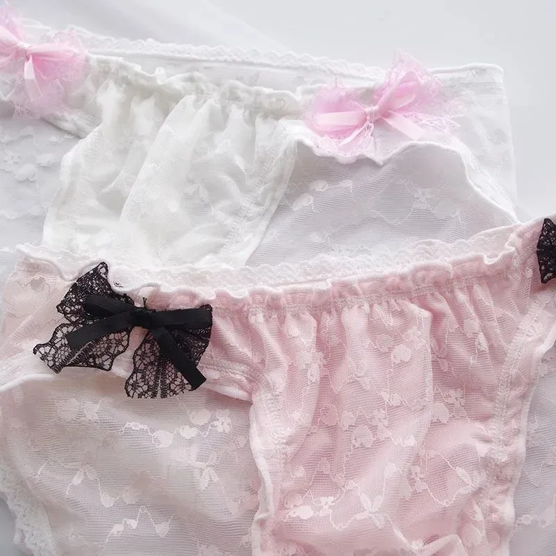 Cross Dressing Man's Sexy Lightweight Lace Bowtie Briefs Half Sheer Cute Sweet BF Panty Live Show Dance Harajuku