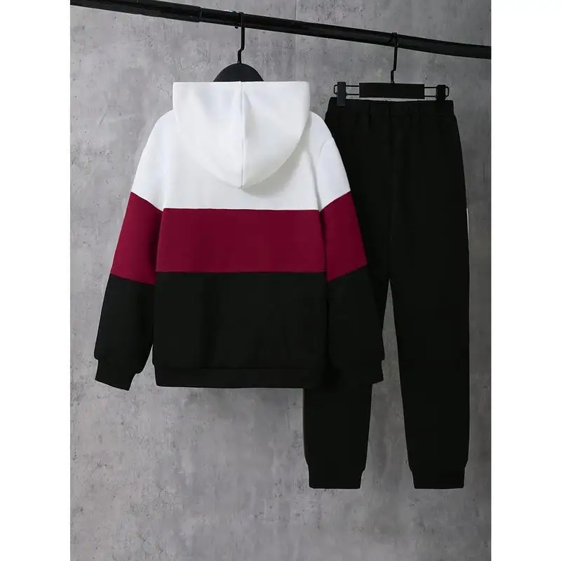 2pcs Boy Letter Colorblock Hooded Jacket Zip up Customizable Children's Clothing Set Other Overseas Region Origin