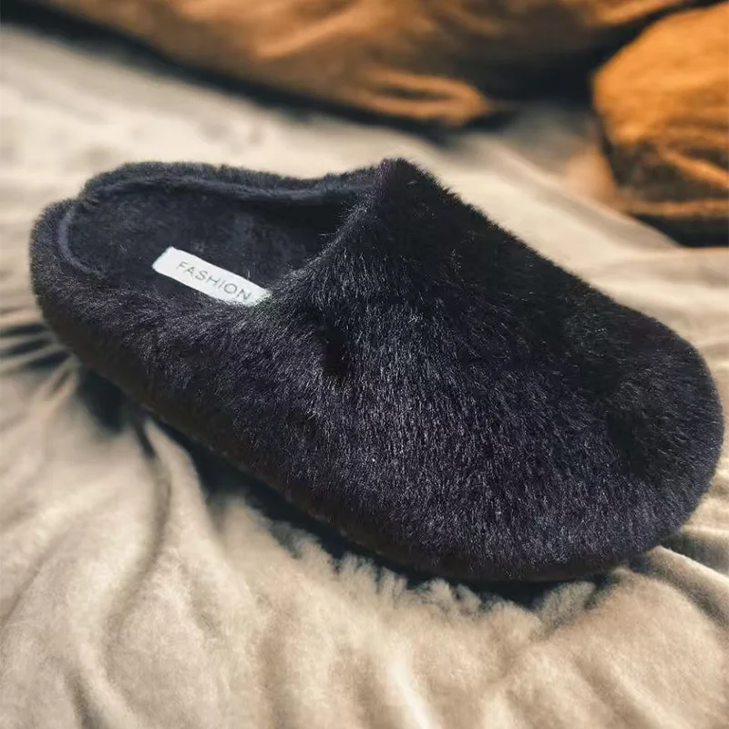 

Furry Slippers Flats Fashion Mules Shoes Short Plush Cotton Shoes 2025 Winter Cozy Snow Boots New Brand Dress Mujer De Botas