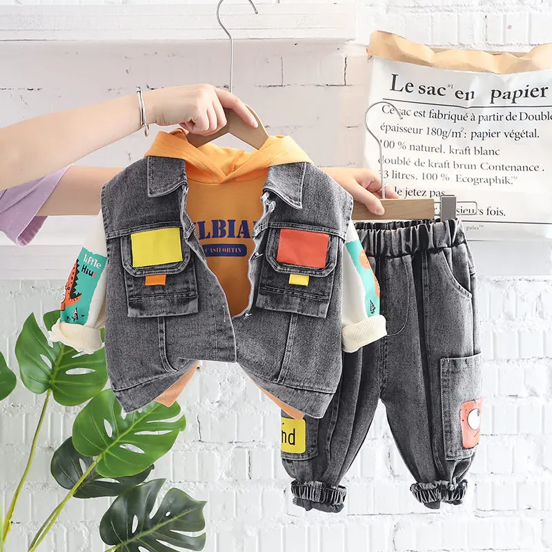 Spring Autumn Children Boys Clothes Kids Clothing Denim Vest Jacket Hoodies Pants 3pcs/Set Infant Cotton Tracksuits 0-5 Years