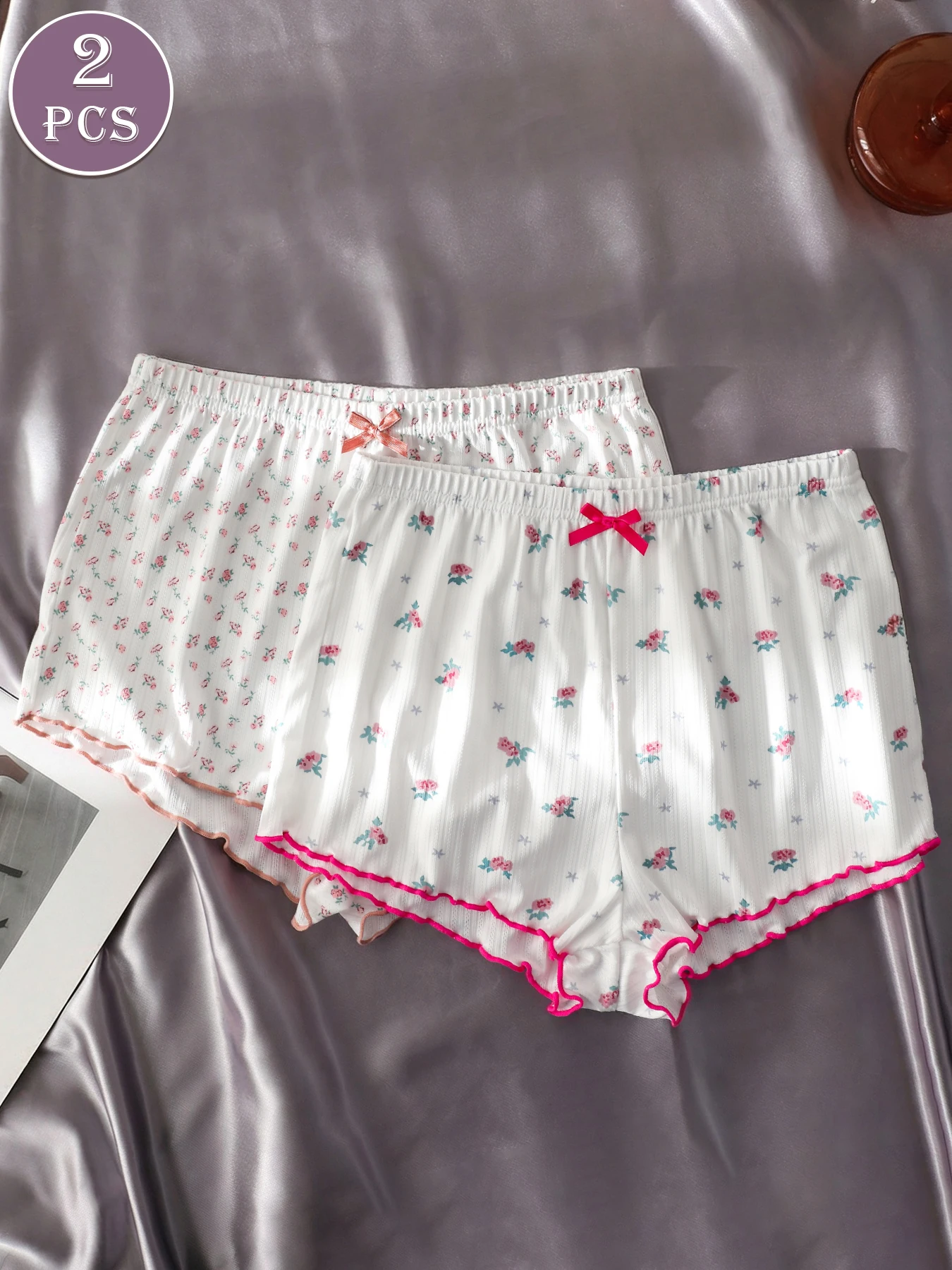 2Pcs Women's Floral Print Boyshort Panties Bow Decor Ruffle Trim Breathable Cute Soft Underwear Briefs