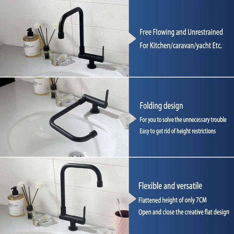 Foldable Kitchen Faucet Single Handle Single Hole Outdoor Tap Deck Mounted Modern Tap Single Cold Rotating Faucet Matte Black