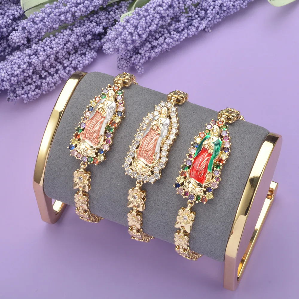 

Customized Jewelry Fashion Religious Virgin Mary Charm Exquisite Light Gold Unique Clover Chain Design Bracelet For Men Women