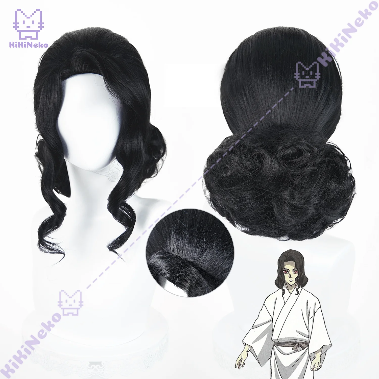 Anime Muzan Kibutsuji Cosplay Perücke Muzan Schwarzes lockiges Haar mit einem Haarknoten für Comicon Party Erwachsene Frauen Männer