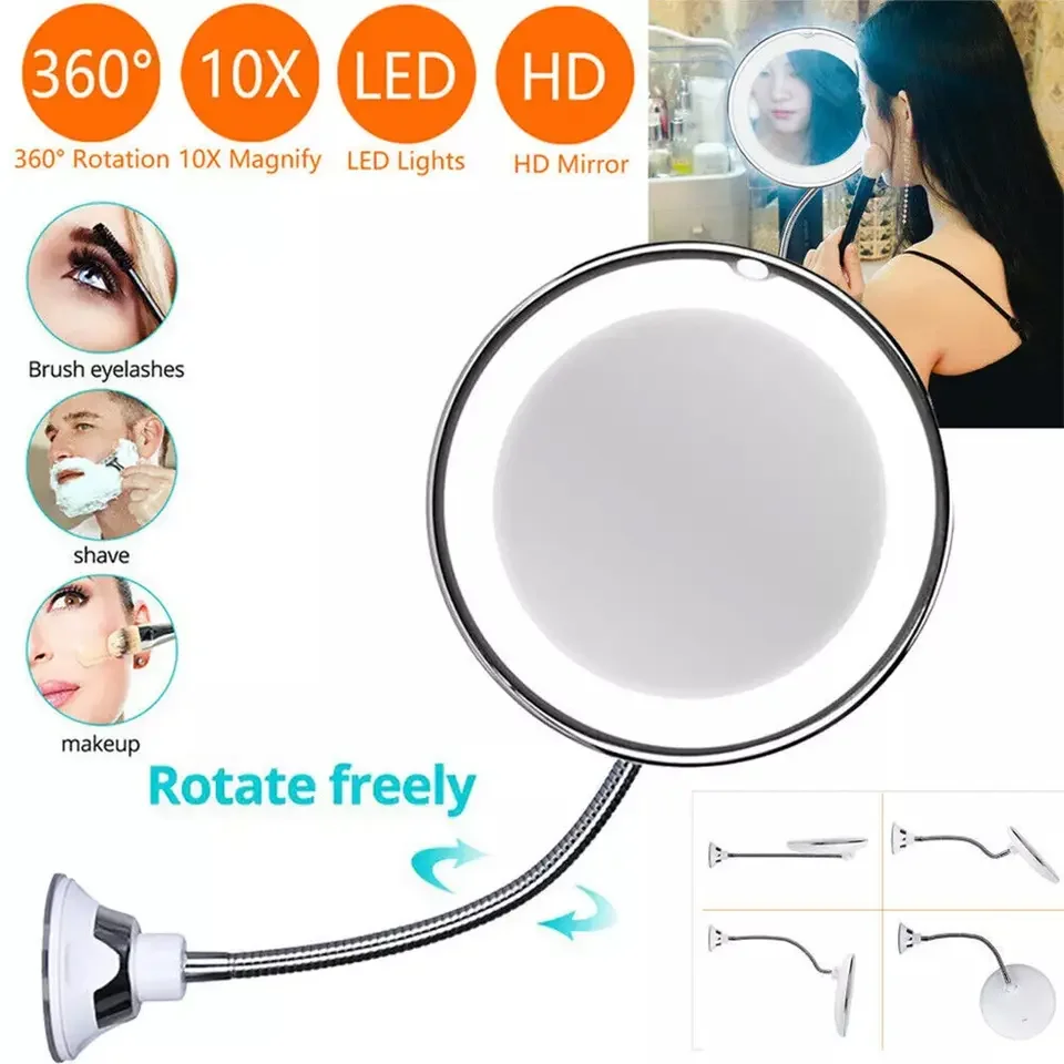 

10-кратное увеличительное косметическое зеркало с подсветкой, сенсорный экран, светодиодное освещение, лампа для макияжа, нижняя присоска, гибкий портативный дизайн