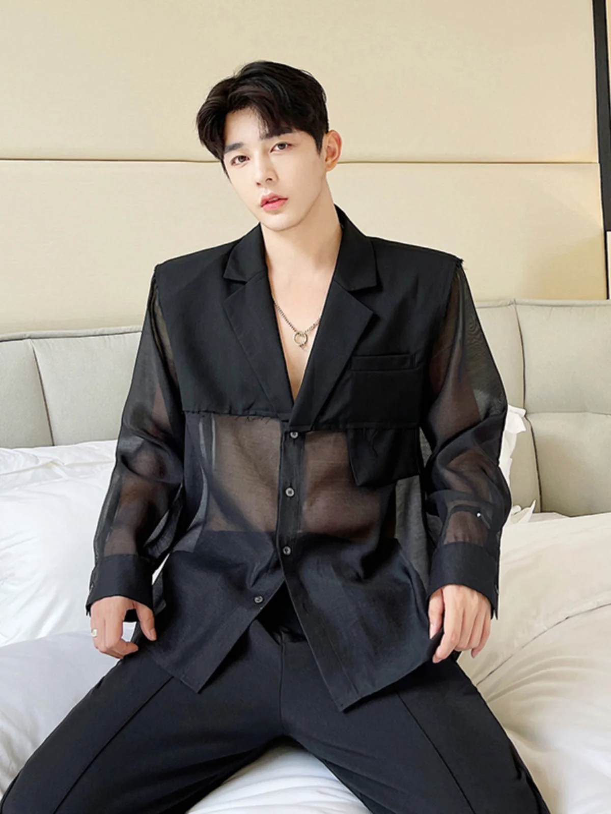 2024 Summer Thin Semi-Transparent Long Sleeve Suit Jackets Men's Fashion Loose Handsome Sun Protection Clothes Trendy Male Coats