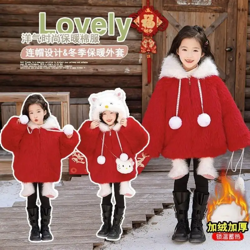 

Пальто Sanrio Hello Kitty на флисовой подкладке, утепленное, теплое, зимнее пальто для девочек, новая повседневная верхняя одежда, милая и очаровательная куртка