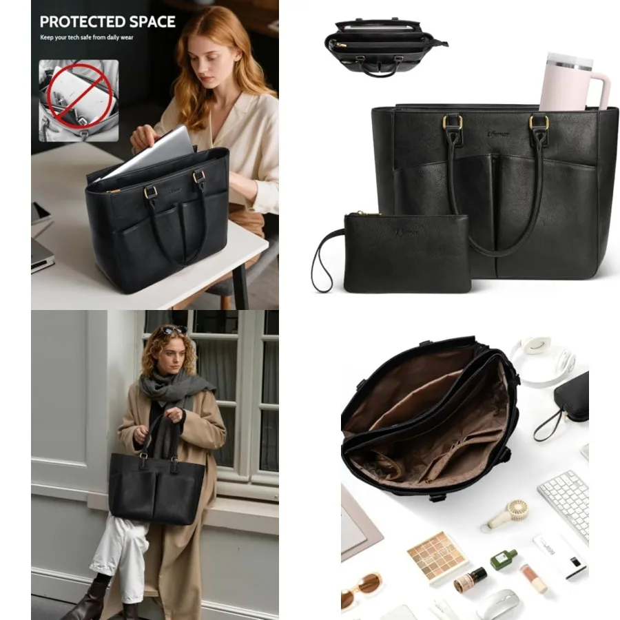 

Laptop Tote Bag for Women, Leather Work Tote with Padded Laptop Compartment, Cup Holder, Office Computer Briefcase