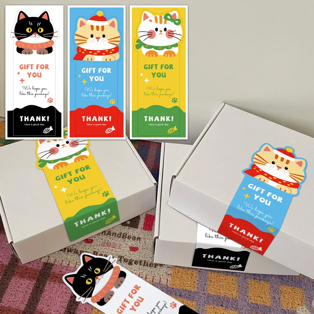 50pcs Cartoon Cat Design Thank You Labels Gift Tag Stickers for Small Business Packaging Decorative Sealing Sticker