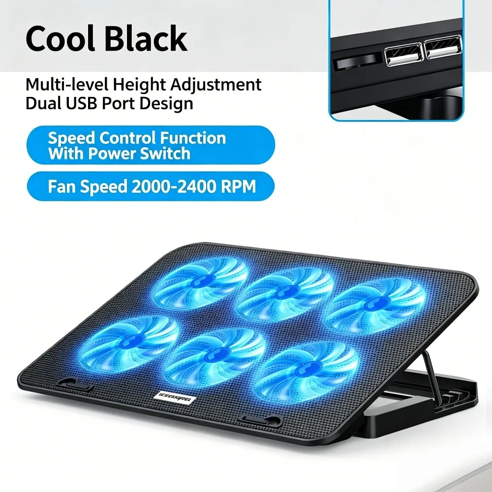 6-Fan Laptop Cooling Pad, 5-Level Height Adjustable Stand Cooler for 12-18 Inch Notebook, Quiet USB Powered Heat Dissipation