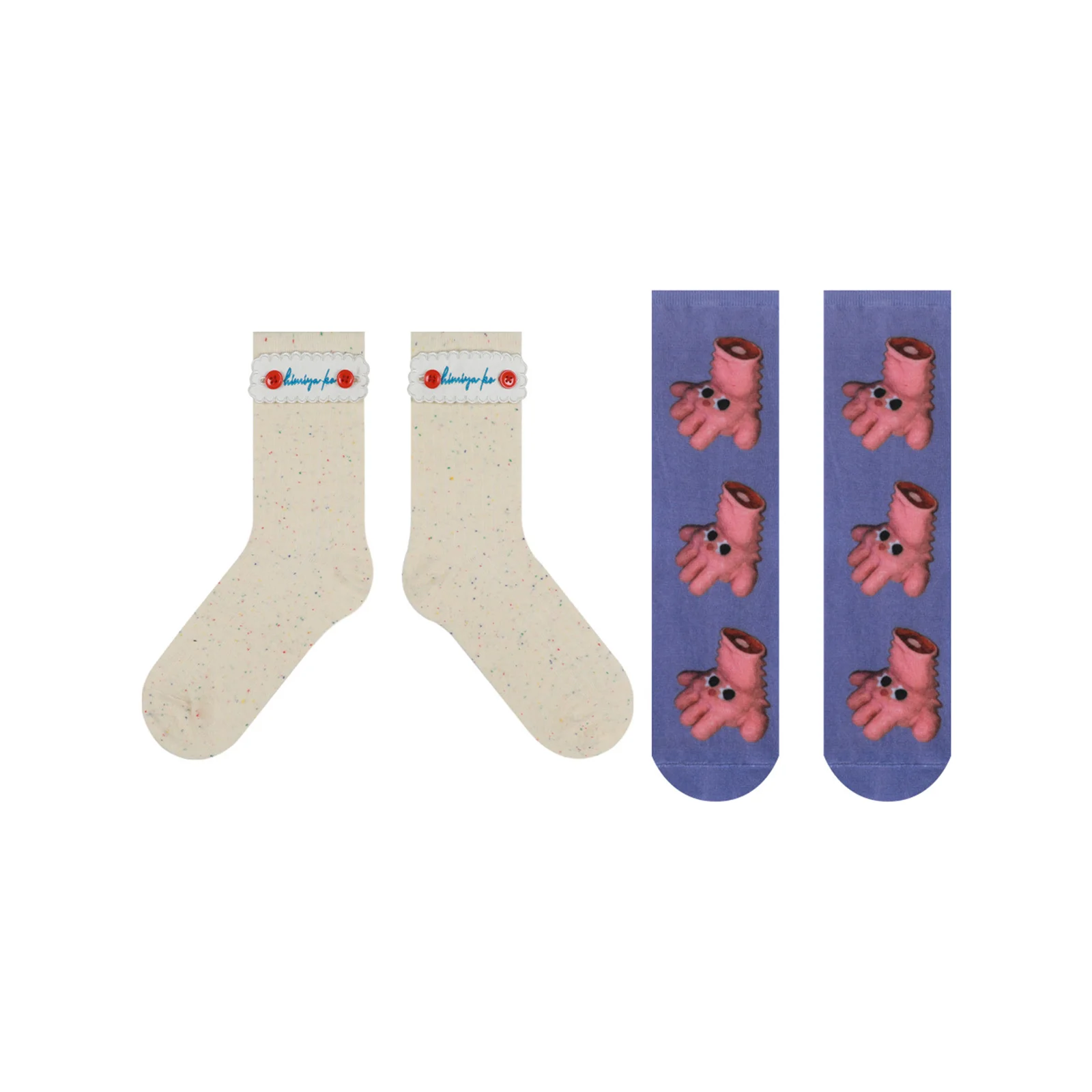 

Забавные и интересные носки средней длины с принтом, по одному пару каждого цвета: бежевый + фиолетовый.