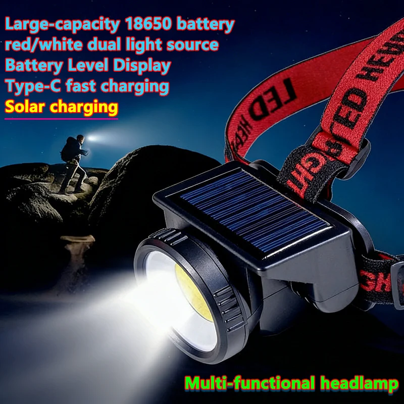 Solar + USB Rechargeable LED high brightness Headlamp Long-Range Head Flashlight Outdoor Waterproof Camping Fishing Headlight