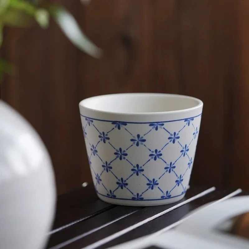 Blue and White Porcelain Coffee Cup and Saucer Set 260ml Teacup Checked Ceramic Milk Drink Cup Office Water Mug Birthday Gift
