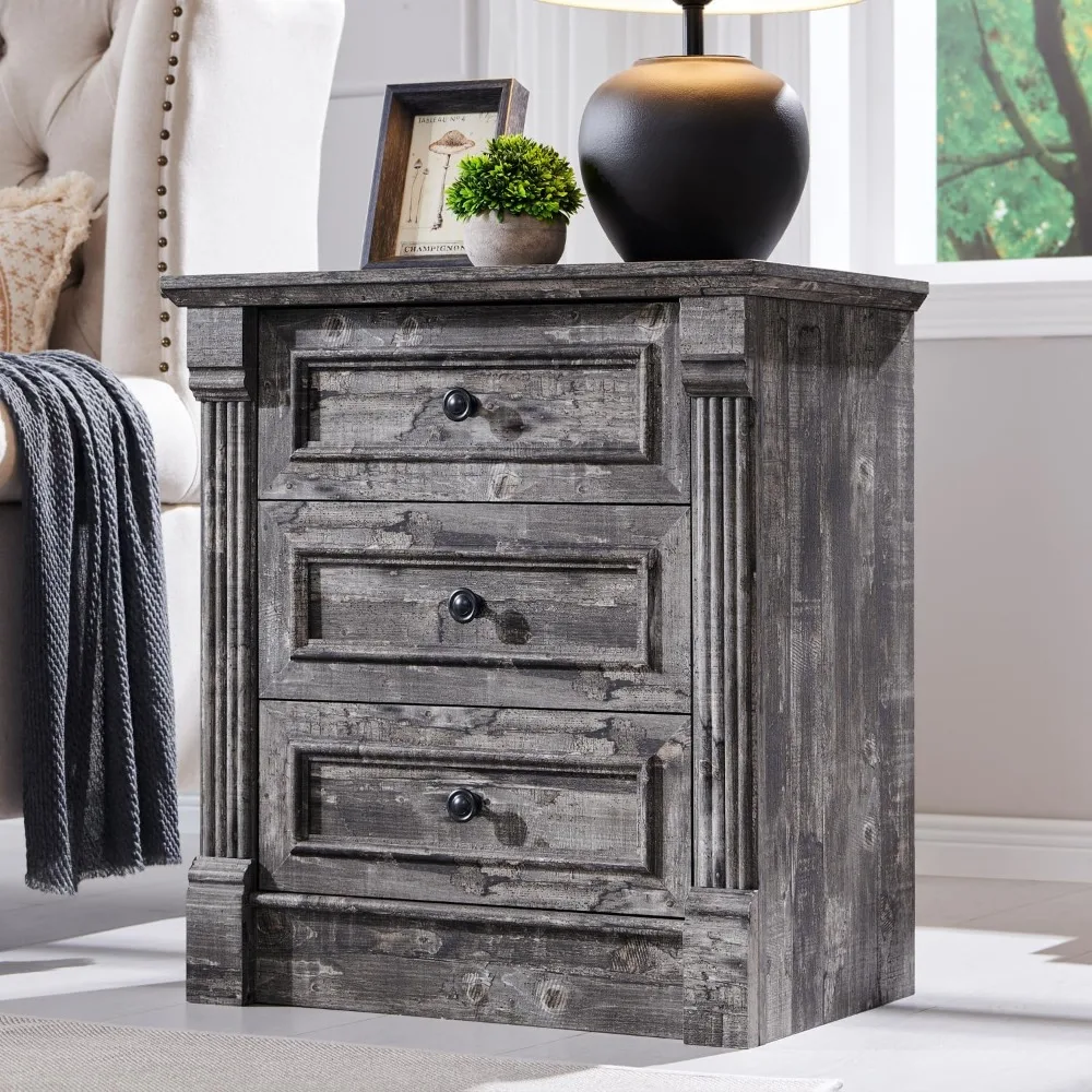 Large Farmhouse-Style Nightstand with Charging Station, 26 Tall, 23.6 Wide End Table featuring Roman Columns, Rustic Metal Handl