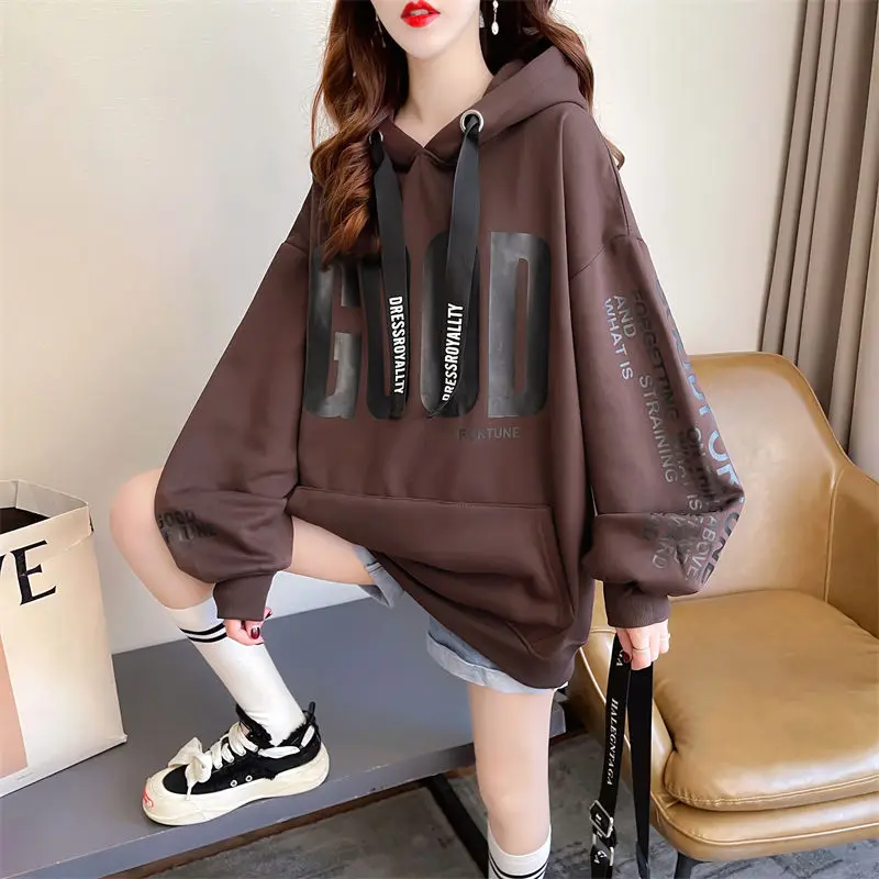 Fashion Loose Pockets Printed Letter Hooded Sweatshirts Female Clothing 2023 Winter Oversized All-match Tops Casual Sweatshirts