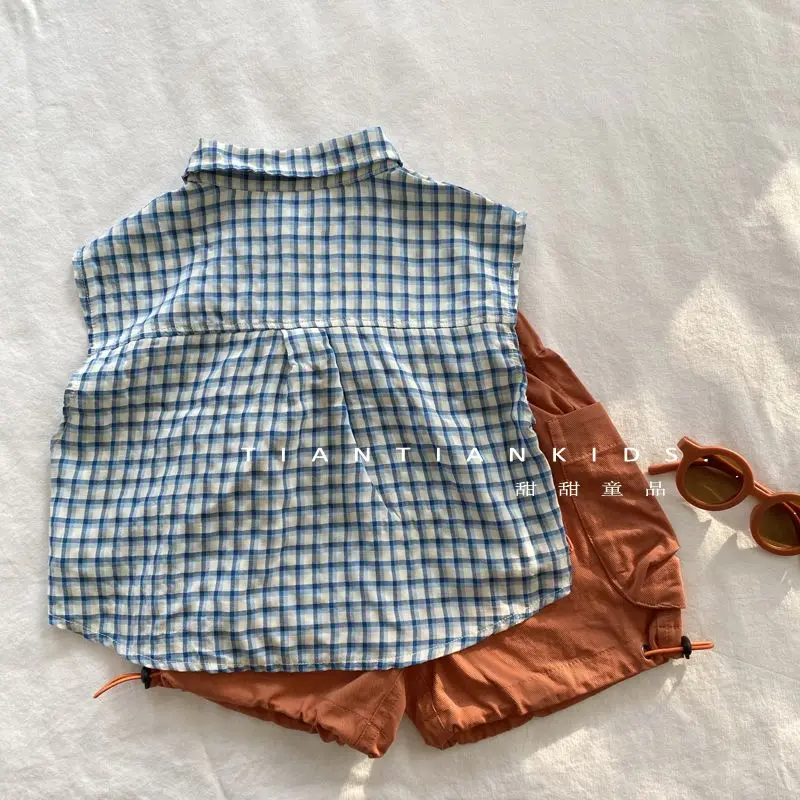 Children's Korean version sleeveless plaid shirt boys 2025 summer new women's treasure versatile breathable splicing lapel shirt