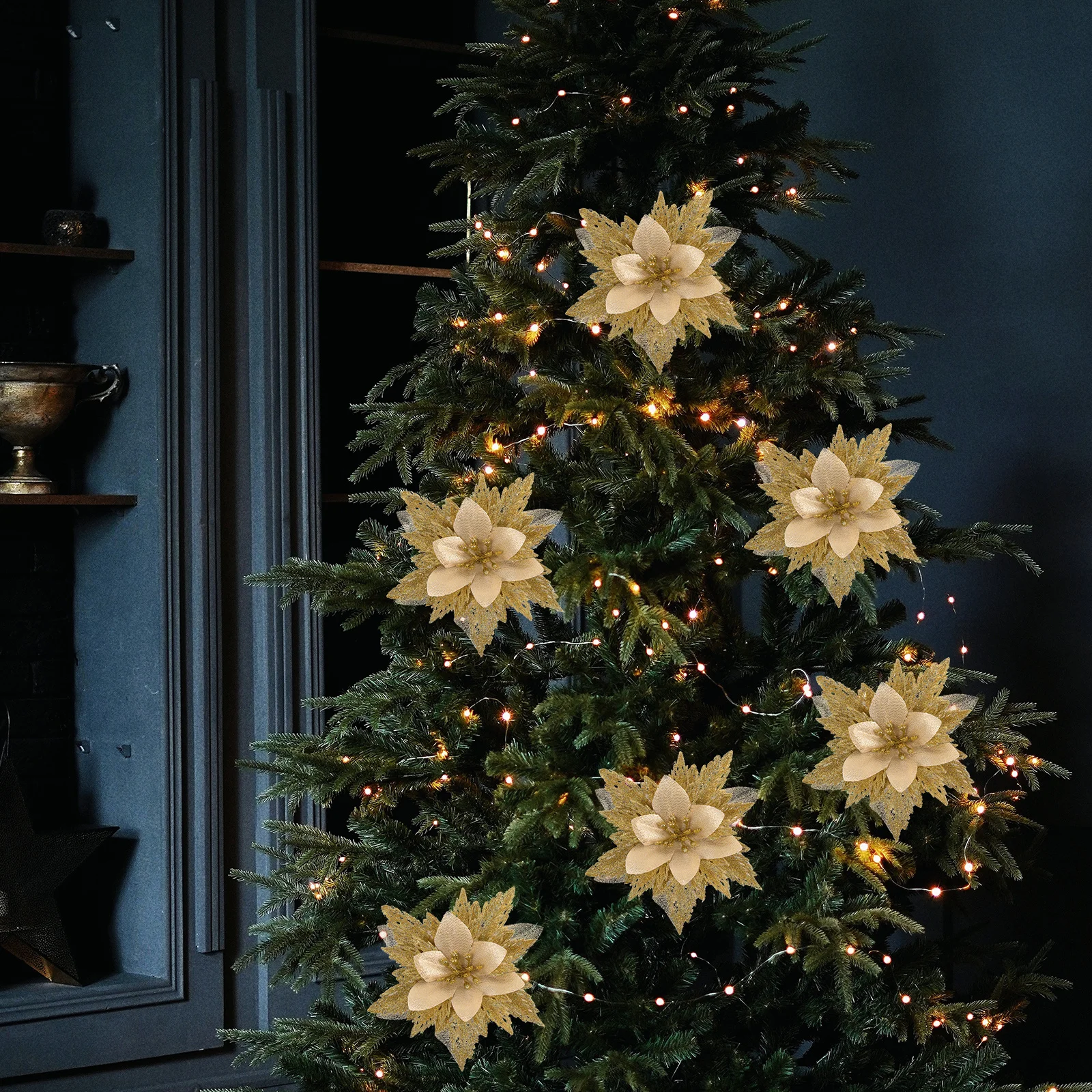 

6Pcs Christmas Fake Flower Ornaments Realistic Cloth Flowers for Tree Garland DIY Decoration Festive Home Events