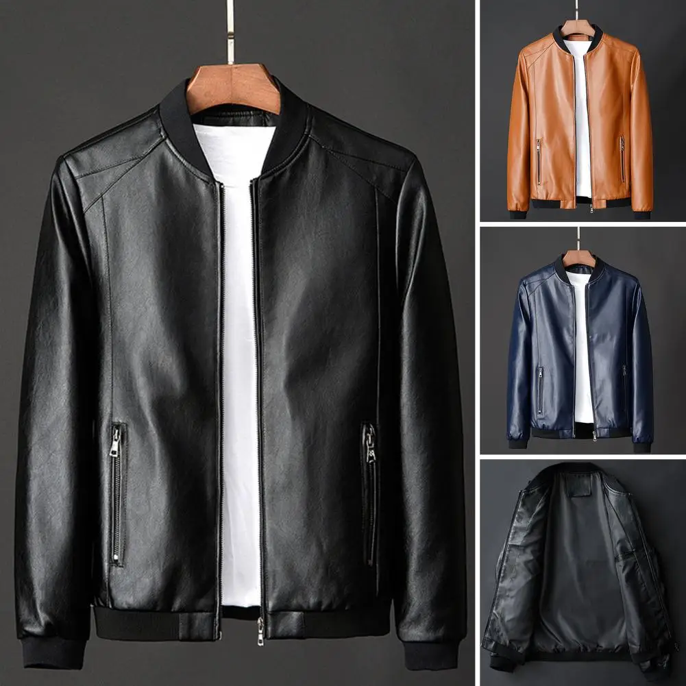 

Men Lightweight Faux Leather Jacket Stylish Men's Faux Leather Motorcycle Jacket with Stand Collar Pockets Solid Color for A