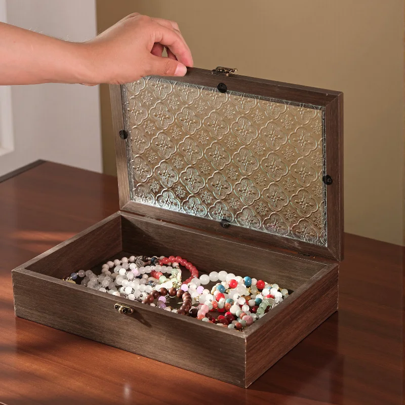 Caja de Almacenamiento Vintage de Madera con Tapa Abatible, Organizador de Joyas y Artículos Diversos de Cristal Crabapple para Escritorio, Elegante Contenedor Decorativo para el Hogar