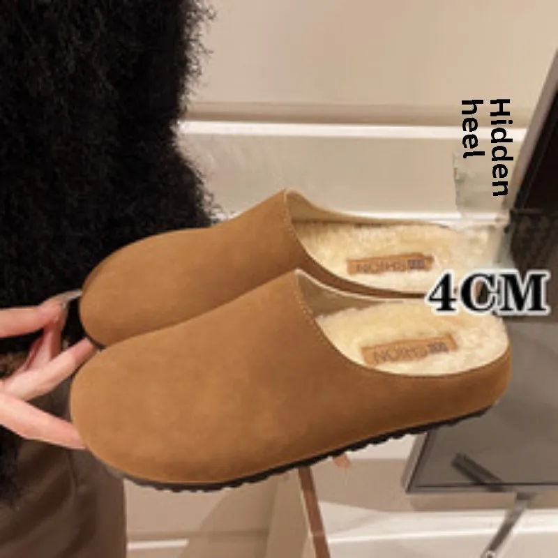 

New Winter Women Plus Cashmere Warm Snow Cotton Shoes Thick Sole Lamb Wool Muller Shoes Street Fashion Retro Woolen Shoes