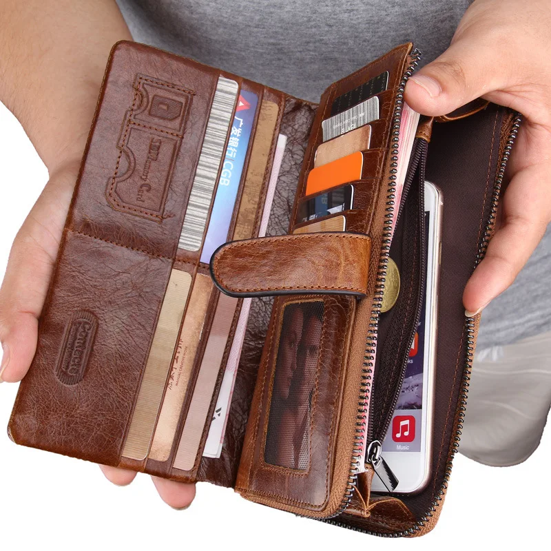 HTS-M1041 Long Top Layer Cowhide Men's Wallet, Fashionable and Casual Multifunctional Leather Handbag