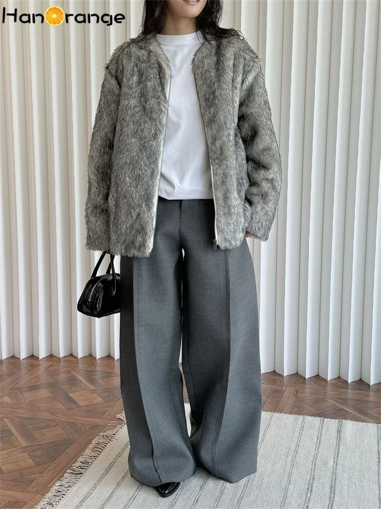 HanOrange 2024 Winter Retro Imitation Fur Eco Long Hair Parkas Women Fluffy Warm Comfortable Quilted Jacket Gray