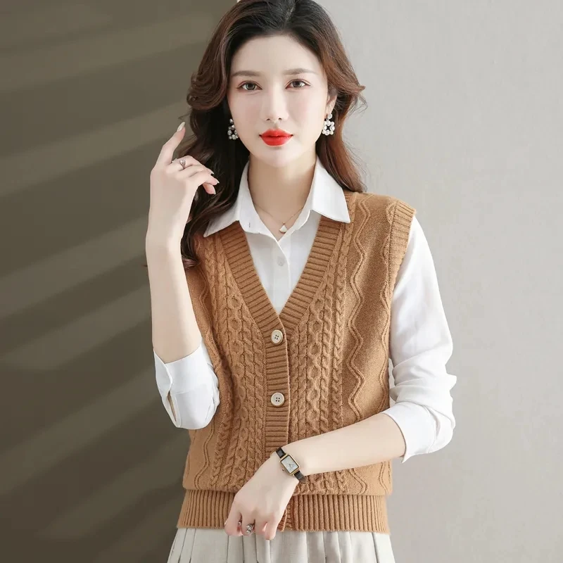 

Women's Vest Spring Autumn V-Neck Knitted Cardigan Sweater Coat Fashion Ladies Sleeveless Jacket Women Waistcoat