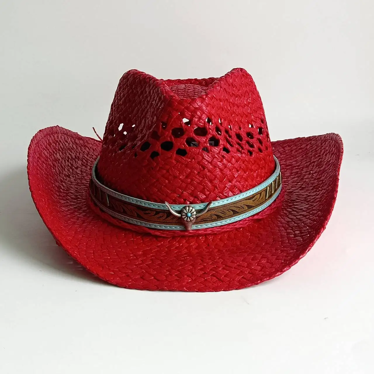 Czerwony letni kapelusz kowbojski ze słomy, unisex, w stylu western, idealny na podróże i plażę