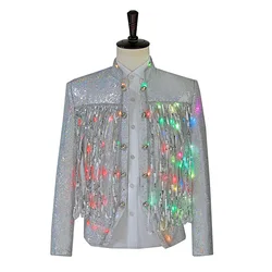 Chaqueta de lentejuelas para hombre y mujer, traje de Halloween, Blazer elegante con luz LED, trajes cortos para bailarina, cantante, DJ, Host