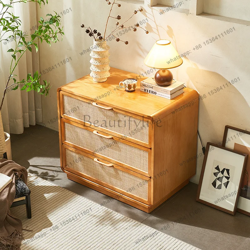 FG Nordic solid wood multi-functional bedside table rattan storage simple modern locker