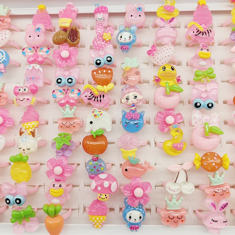 100pcs/Lot Factory Wholesale Open Adjust Child Finger Rings for Party Cosplay Show Resin Jewelry Cute Girls Animal Foods Fruits